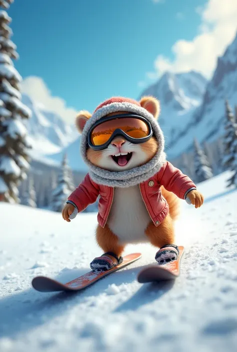 A cute animal enjoying skiing. 역동적이고 로우 앵글로 바라보는 형태. A dynamic, low-angle view with goggles and a helmet 