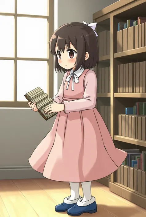 ORDERING SEALED BOOKS
Mahro is in a bright room where there is a bookcase. She wears the same light pink frock, has white ribbon-tied tops, and wears blue shoes. She is sorting out the books, holding the book in one hand and tying the row of books in the o...