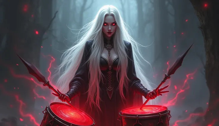 Sylvanas Windrunner, the legendary leader of Forsaken , cercada por uma aura  of mystery and magic .  playing vibrant red drums ,  apparently pulsating with supernatural energy. Your eyes,  burning with a supernatural intensity ,  they look directly at the...