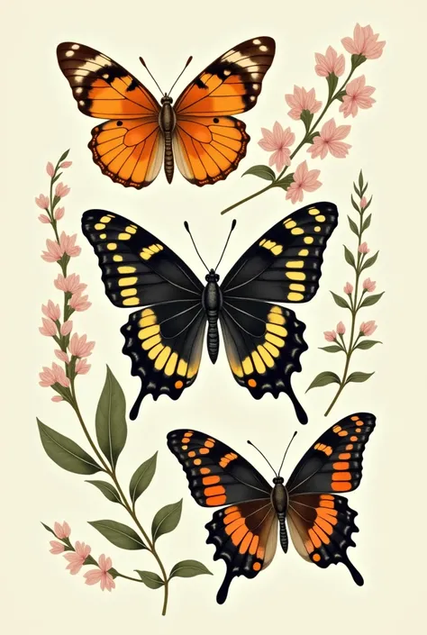 vintage butterflies, graphic style, european