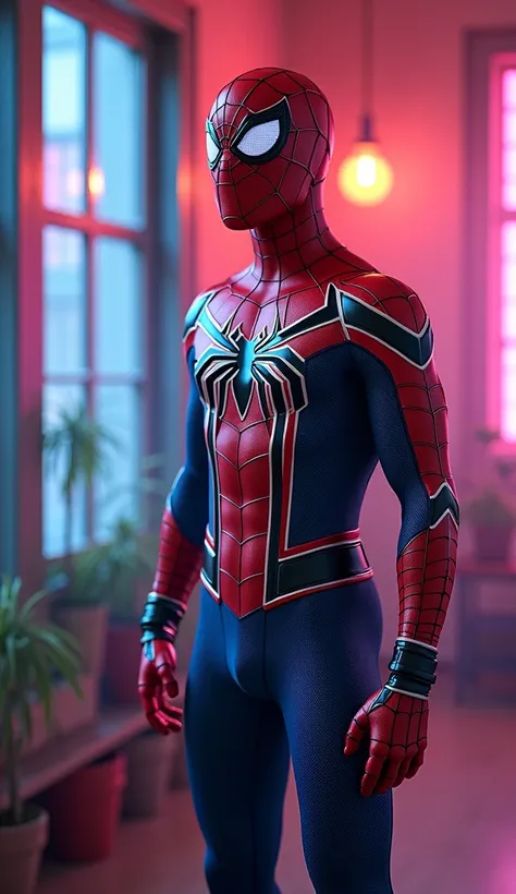 In a room Spider man is standing with mix colours suit wearing.