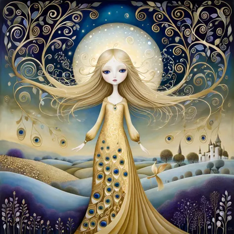 " A fantasy scene inspired by the styles of Gustav Klimt , Nicoletta Ceccoli, Naoto Hattori, Lawrence Didier e Leonora Carrington. in the center of the image,  a Latin blonde with straight ,  long golden hair wears a light dress .  She is on the top of a g...