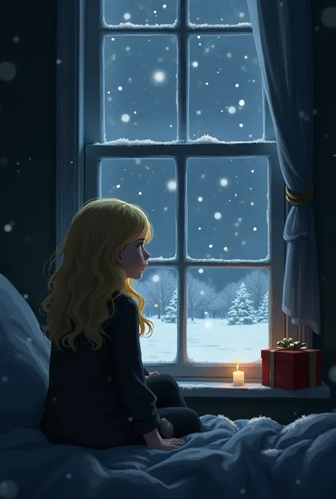 The golden-haired girl looks at the window on a snowy night. There are no gifts and no happiness. 