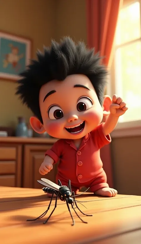 "A 3D cartoon-style young boy with fluffy spiky black hair, large expressive eyes, a cheerful smile, and a short black beard, wearing red buttoned pajamas, stands in a brightly lit room holding a slipper triumphantly in one hand. A large dead mosquito is s...