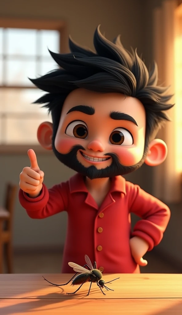 "A 3D cartoon-style young boy with fluffy spiky black hair, large expressive eyes, a cheerful smile, and a short black beard, wearing red buttoned pajamas, is standing proudly beside a wooden table. He points to the flattened mosquito on the table as if sh...