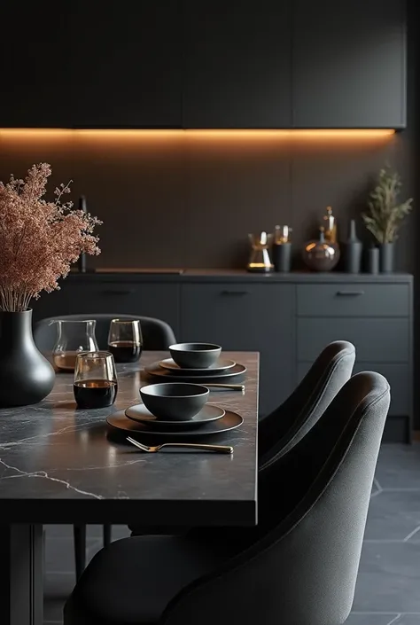  create a minimalist breakfast table , tons escuros, dark style table , sophisticated,  in 8k ultra HD realistic wide image, modern,  dark porcelain tile floor , Luxurious table ,  beautiful kitchen in beautiful tones 