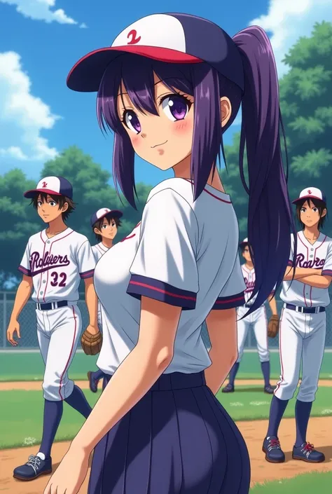 Japanese animation style、High school girl、Baseball players、 Baseball Cap 、Dark Purple Long Hair、single ponytail、 purple pupils、 full breasts 、From Taiwan