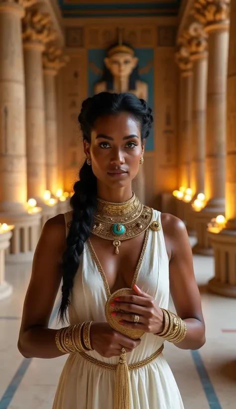 The priestess is a breathtakingly beautiful woman in her mid-30s, with smooth, radiant dark skin and kohl-lined almond-shaped eyes that reflect wisdom and mystery. Her jet-black hair is styled in an elegant, traditional Egyptian braid, adorned with golden ...