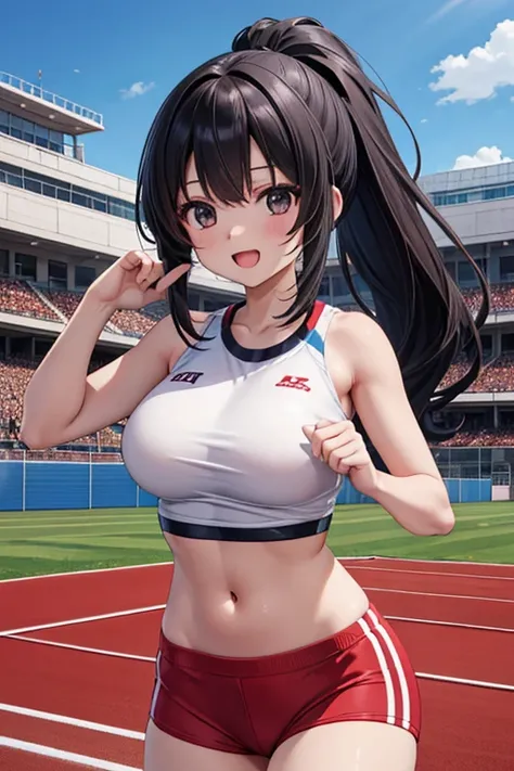 1 girl, anime screencap,score_anime, best quality, masterpiece, 8K, high res, cute, shiny skin, track and field uniform, (navel:1.2), midriff, bare stomach, huge breasts, long hair, black hair, ponytail, black eyes, hand on hair, smile, open mouth, track a...