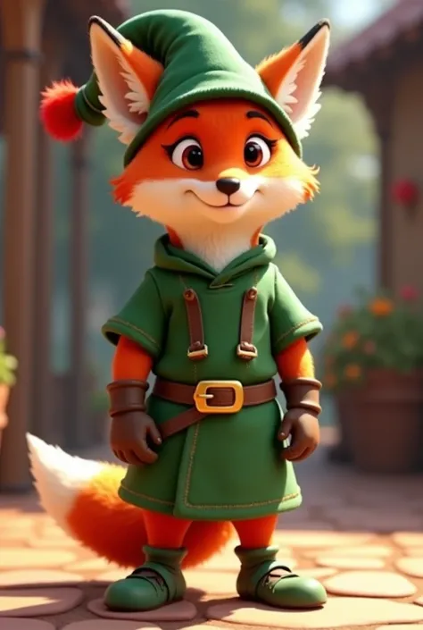 A fox in a simple green tunic with two brown straps under the flap collar, short sleeves like a t-shirt and a small brown belt with a golden buckle at the waist, as well as a pair of green medieval-style shoes and a green bycocket hat with a feather red lo...