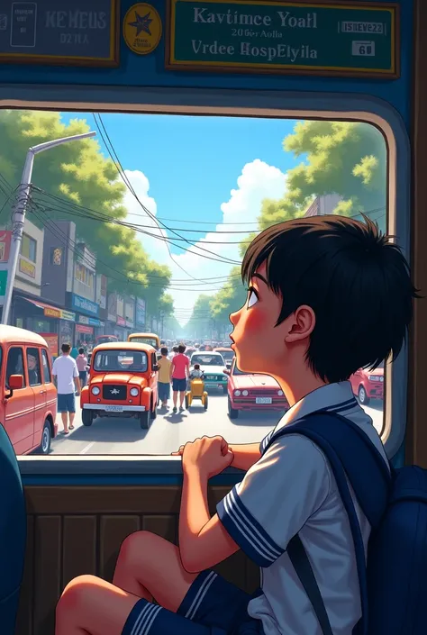 illustration of a student looking out in a jeepney window while watching the traffic road and congestion