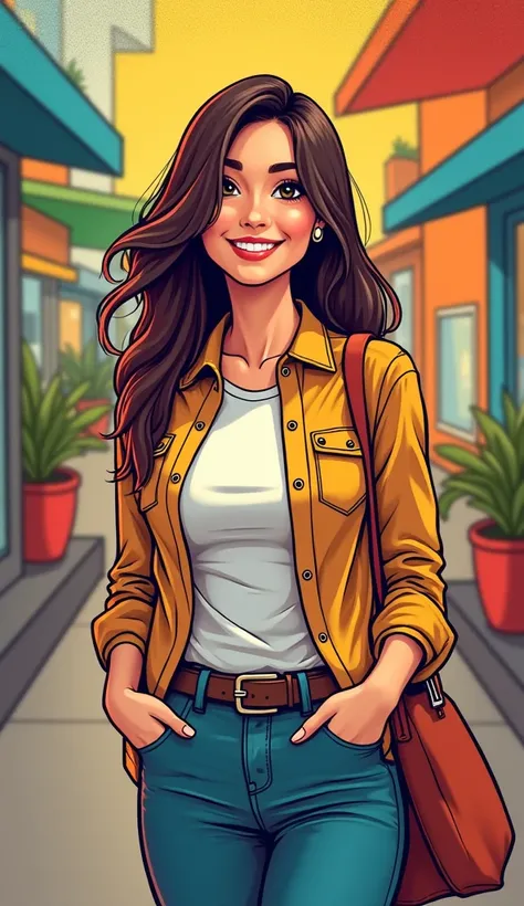 DISCREET image. with discreet casual clothes. image adult woman, american, comic book style. SHE IS HAPPY AND GRATEFUL, with a discreet smile. IMAGES WITH VIBRANT COLORS.