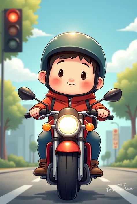  create a cartoon of a motorcyclist, Chinese eyes, by the stopped, chubby cheek, high, Panson .