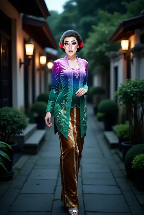 a beautiful Korean young woman gracefully walks in an outdoor setting garden night time. she wears a sequined holographic dark green gradient blue kebaya with floral intricate sequins embroidery, paired with a traditional brown tight batik skirt. Her dark ...