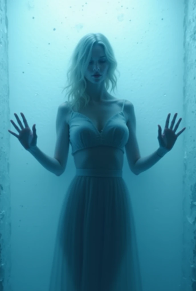  A blurred, shaded silhouette of a woman standing behind a wall of frosted transparent ice, avec ses mains pressées contre la surface.  The figure is ethereal and slightly deformed ,  as if seen through mist or frosted glass . The background is ice blue , ...