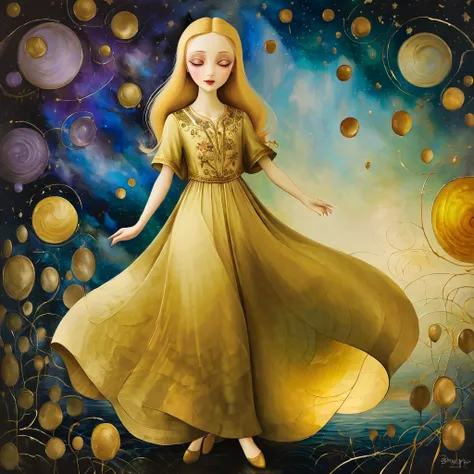 " A fantasy scene inspired by the styles of Gustav Klimt , Nicoletta Ceccoli, Naoto Hattori, Lawrence Didier e Leonora Carrington. in the center of the image,  a Latin blonde with straight ,  long golden hair wears a light dress .  She is on the top of a g...