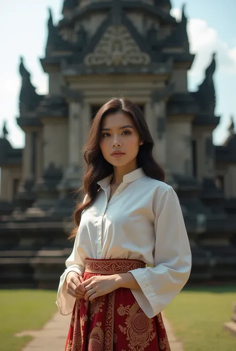 Prompt: A beautiful and sturdy Indonesian girl, wearing a typical Indonesian kebaya, and white jarik, steals the spotlight with the background of the prbanan temple. The wide-angle perspective shows the womans graceful pose and reveals the details of her o...