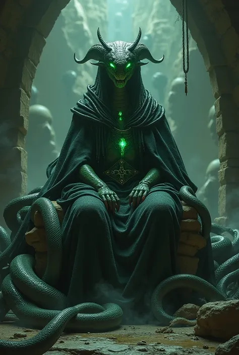 "An anthropomorphic snake queen with scales gleaming like polished obsidian. She wears a tattered, dark robe adorned with glowing green runes. Her eyes glow with an unsettling green hue as she coils atop an ancient stone throne, surrounded by serpents with...