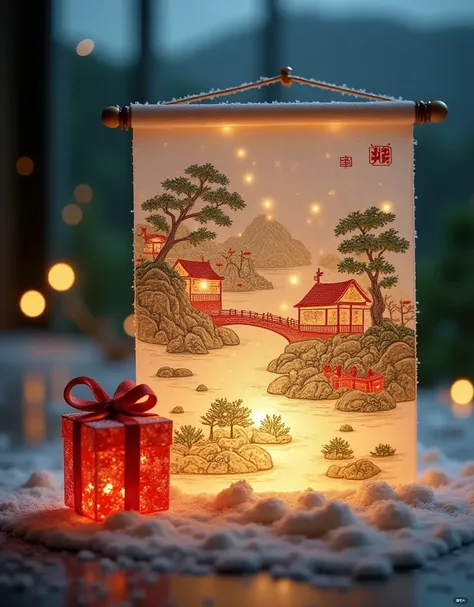 A close-up view of a translucent scroll painting, illuminated with soft, diffused light. The artwork features a delicate bridge, ancient houses, a tranquil pond, rock formations, and lush greenery. The background is gently blurred with a Gaussian effect, r...