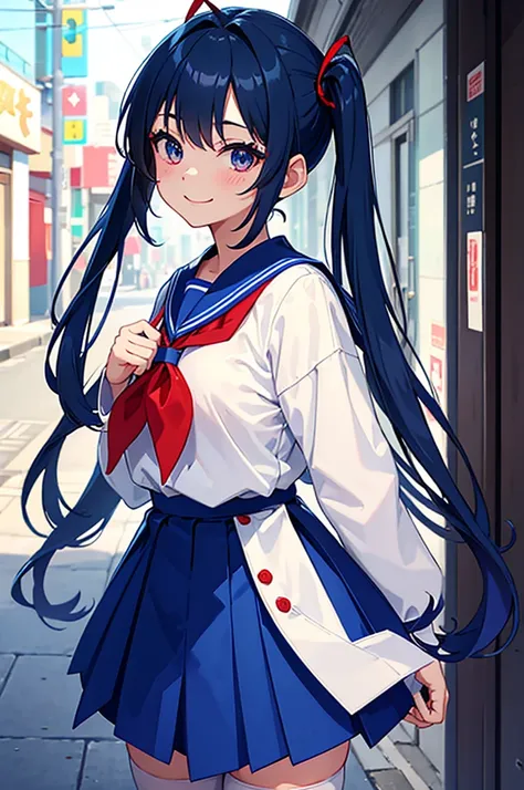 a cute solo boy,trap,small breast,short blue twintail hair,pinkeye,eye makeup,shy,embressed,smile,red face,wearing a japan school uniform, blue sailor collar, blue skirt, white thighhighs,standing sexy pose in a downtown city at morning time, close-up body...