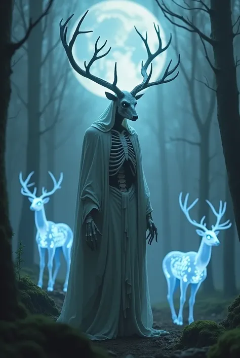 "An ethereal stag-like humanoid with skeletal features and ghostly antlers that glow with white light. It wears a royal yet tattered robe and stands in a foggy, cursed forest. Ghostly deer spirits with glowing blue eyes roam around in the eerie moonlight."