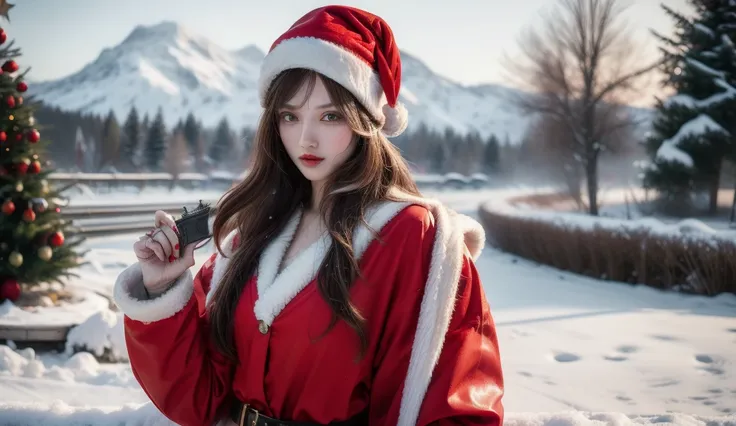 Christmas, woman dressed as Santa Claus, with long hair, holding a racing helmet in one hand and aiming a pistol in the other, background is a snowy landscape and Christmas tree, cherry-colored Honda NSX race car, 4K.