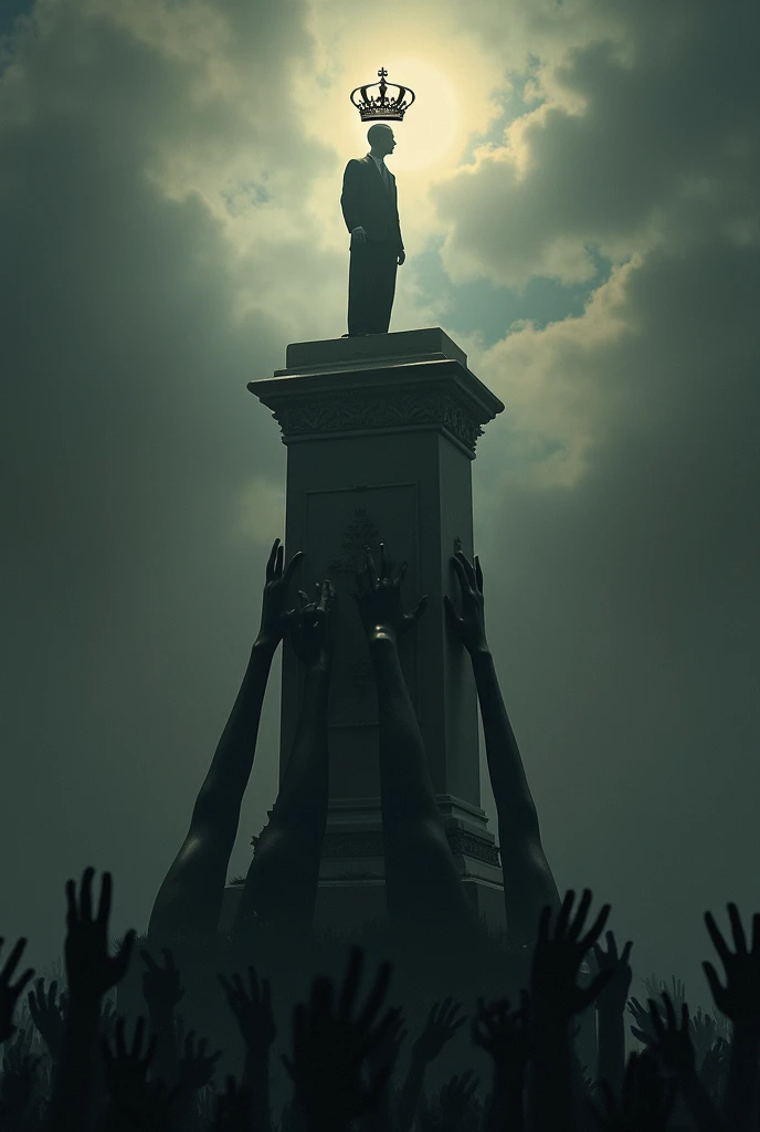 A person standing on a high podium with a crown labeled "Democracy," but underneath the crown, the podium is supported by shadows of faceless, corporate hands. This symbolizes how democracy is often manipulated or controlled by hidden powers. The colors sh...