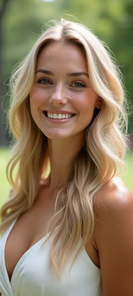 Create a blonde woman with long wavy hair and light eyes she is smiling but it is a light smile without showing her teeth she is wearing a beautiful dress with a white neckline she is in Central Park in New York 