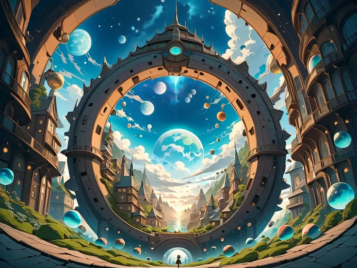 look up into outer space with large vivid planets floating from a beautiful fantasy townscape, (masterpiece, ultra detailed, top quality), Studio Ghibli, PEAnimeBG.