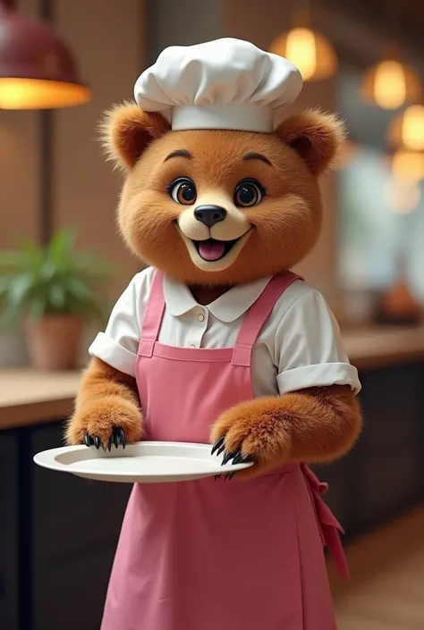 Female furry brown bear, pink apron, waiters outfit, serving tray, large chefs hat on head, culinary humor, unconventional server, playful, surprising, hospitality, smiling face, friendly behavior, restaurant environment, food service, anthropomorphic, car...