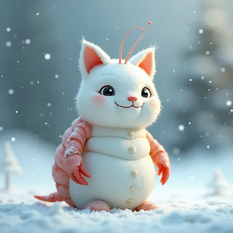 Cute shrimp snowman with cat ears in winter