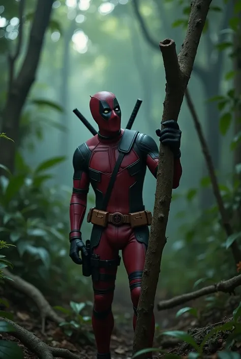 "Deadpool picks up an old, mysterious stick in the jungle, looking at it with surprise. The light fades slowly, creating an eerie atmosphere as he stares at the stick with a mix of curiosity and confusion."
Parameters:

--ar 16:9 (Wide aspect ratio for cin...