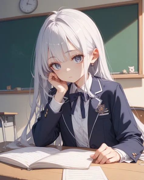 masterpiece、 High Quality 、 1 girl、 long silver hair、 straight hair、 blazer uniform、 high school girl、classroom、(( cool girl))), ((Narrow eyes)),、(((White Gal)))、(((Eyelash extensions)))