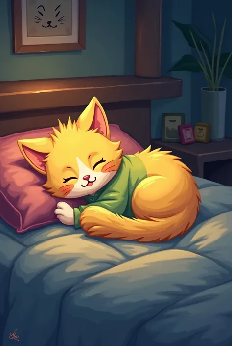 A pixer cartoon style cat named Tom, fluffy yellow fur, green wear pajamas,he is sleeping on the bed at night 