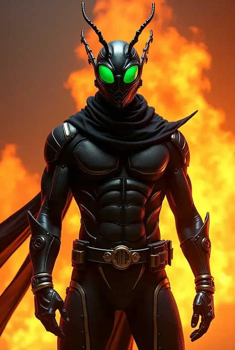 Draw a hero wearing a black bodysuit and a helmet with an insect-like design, （No sense of touch required）,　against a background of orange flames. The helmet has large eyes, and （the eyes glow green）. From the back A black scarf flutters across the chest o...