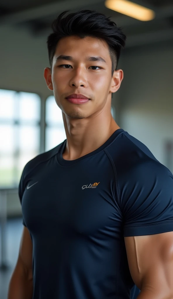  Korean man wearing a navy sports shirt,  handsome,Big arm muscles,  tight breasts ,  Muscle Bundle , Bold eyebrows, sly smile, Looks like a Pumpkin Boy , , 23 years old , From the side, fitness, Zoom out