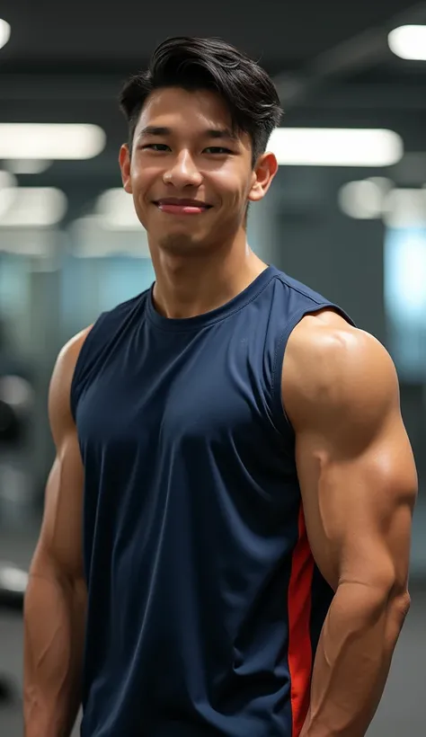  Korean man wearing a navy sports shirt,  handsome,Big arm muscles,  tight breasts ,  Muscle Bundle , Bold eyebrows, sly smile, Looks like a Pumpkin Boy , , 23 years old , From the side, fitness, Zoom out