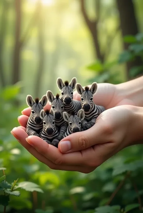 Adorable outdoor scene in a sunny forest a hand holding 5 small zebras ultra realistic cute with lots of dense fur.  The background is blurry and the scene conveys an atmosphere of tenderness and enchantment. 
Real-life image 