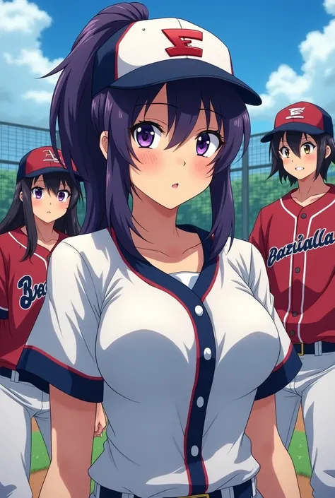 Japanese animation style、High school girl、Baseball players、 Baseball Cap 、Dark Purple Long Hair、single ponytail、 purple pupils、 full breasts 、From Taiwan