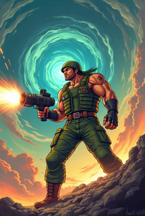 Image of a Metal Slug character with a gun shooting lasers into a bright whirlwind in the sky 