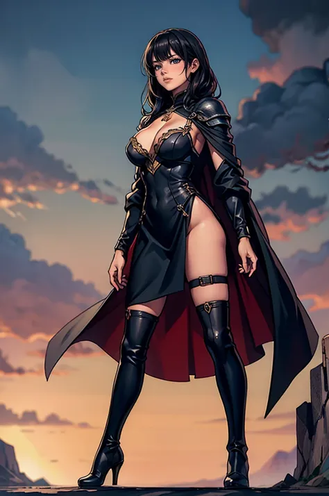 (  Masterpiece  ),( top quality ),( very detailed),( high definition ),8k,  portrait, 1 girl, standing with different breasts , high heel boots , Black Boots , Dress Armor ,Warrior, are staring at me, sword,bangs,whole body, black hair,Robe