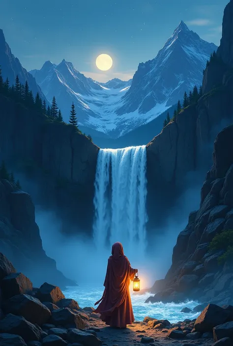 Illustration of a waterfall in the mountains at night, with a woman wearing a hijab carrying a lantern.