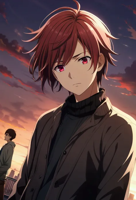 1boy, red hair, brown hair, disordened hair, garnet eyes, casual clothes, CG