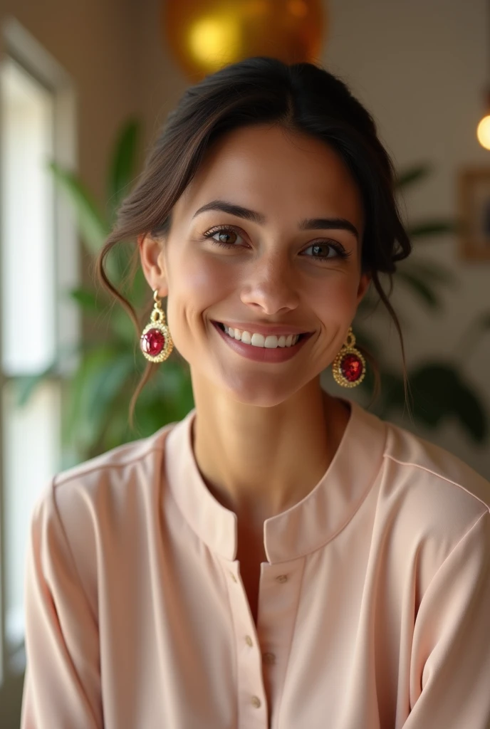 Create a high-resolution, realistic photograph of a Brazilian woman dressed elegant and modestly for a casual birthday party. She is wearing medium-sized, playful earrings with a fun yet refined design, such as subtle geometric shapes or colorful accents, ...