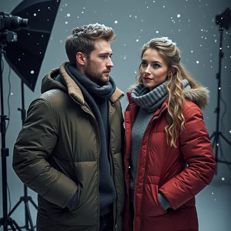  create an image of a cold brown actor and actress,  wearing jackets and snow gloves ,  in studio setting .  In the studio snowflakes fall . Show cameras ,  tripods and lighting reflectors .  between 20 and 25 years old .  Realistic image and real human pr...