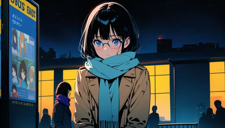 (( black hair)),((Pale Color)),masterpiece, ((( coat and scarf pulling elbows ))),Highest quality, Beautiful attention to detail, Very detailed, In detail, High resolution, Perfect Anatomy, , , Girl, (one person:1.5), alone, (Glasses), (The face is bright)...