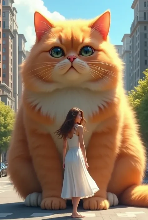 Beautiful brunette in casual white dress covered the street with a giant orange fluffy angora cat that was huge