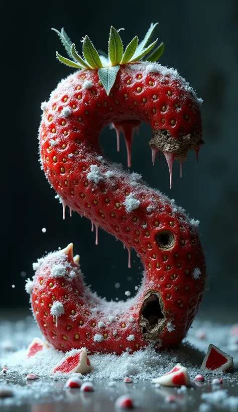 Design the letter S using a large, rotting strawberry. The strawberrys flesh is darkened and mushy, with patches of decay spreading across its surface. The once-vibrant red color has turned to a sickly, bruised crimson, and the seeds are falling out, resem...