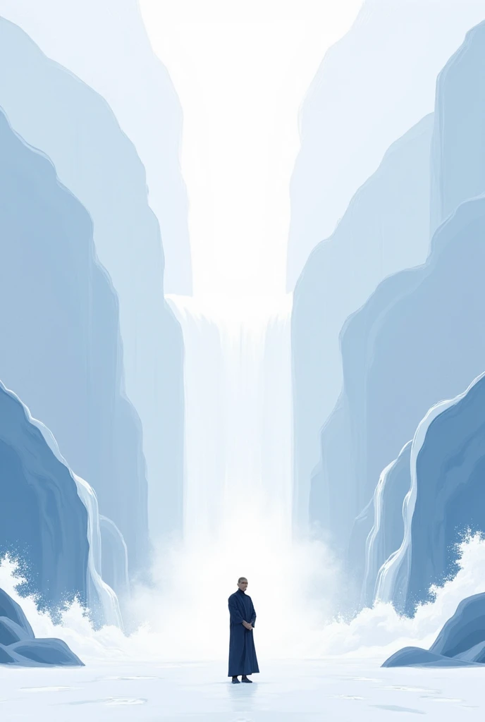 masterpiece,  Minimalism , two-color style, only use two-color abstract painting in (white) and (light blue ),Alone,a man,Monk,It stands up to the intense flow of water,Monk,waterfall,Heavy stream of water , Stream of water being slammed violently to the g...