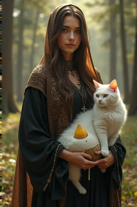  Beautiful woman wearing a black Turkey abaya , berkhimar brown .  Flanked by a white wide-haired giant Persian cat and playing a white-yellow giant cone with white legs.  Walking in a pine forest . 